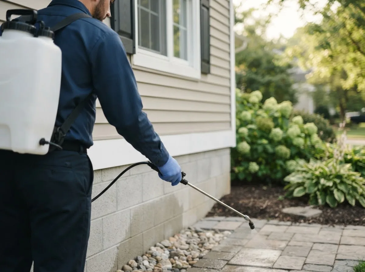 Pest control technician inspecting a home in Pingree Grove, IL